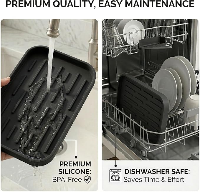 Silicone Organizer Tray, Soap and Sponge Holder for Kitchen Sink, Bathroom - Storage Tray for Dish Brush, Soap Dispenser, Dishwashing Accessories-(Black 1 Pack, 10"x5.3")