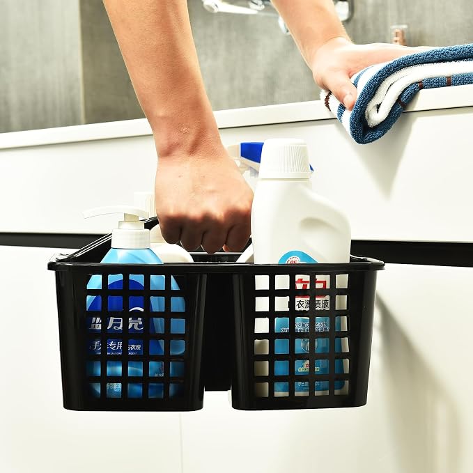 ALINK Plastic Shower Caddy Basket with Compartments, Portable Divided Cleaning Supply Storage Organizer with Handle for College Dorm Bathroom - Black