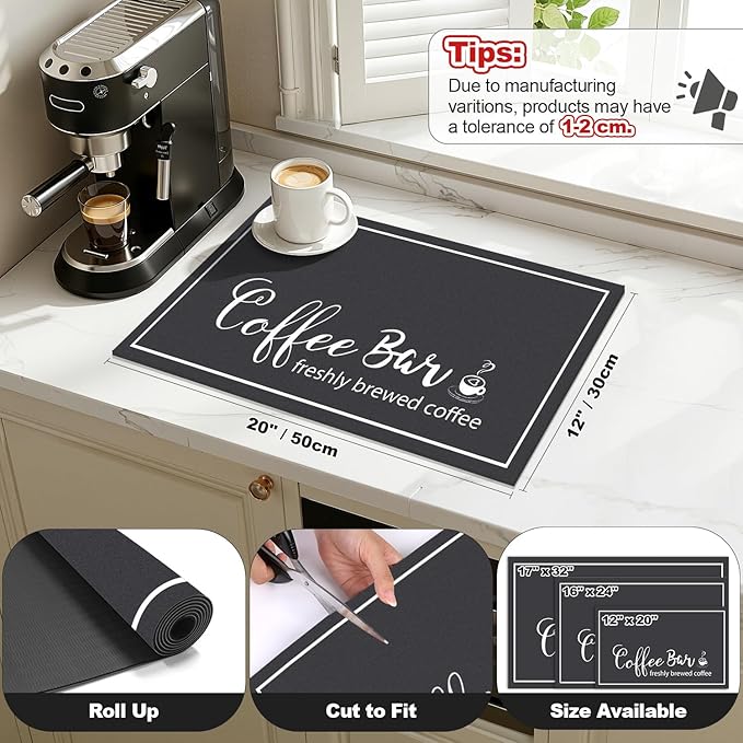 Findosom 12"x 20" Dish Drying Mat, Super Absorbent & Cuttable Coffee Mat, Hide Stain Bar Mat for Kitchen Counter, Coffee Bar Accessories, Black (Pack of 2)