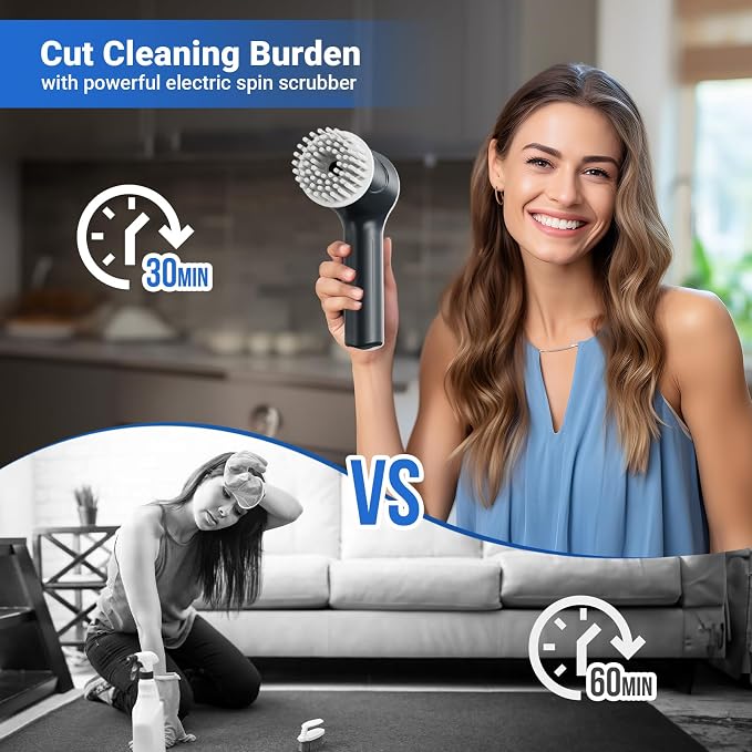 PUFTEM Electric Spin Scrubber, Cordless Shower Scrubber, Gray | Battery Level Display, Dual Speed, 6 Replaceable Brush Heads, IPX7 Waterproof, Long Runtime, Tub, Tile & Sink Cleaning