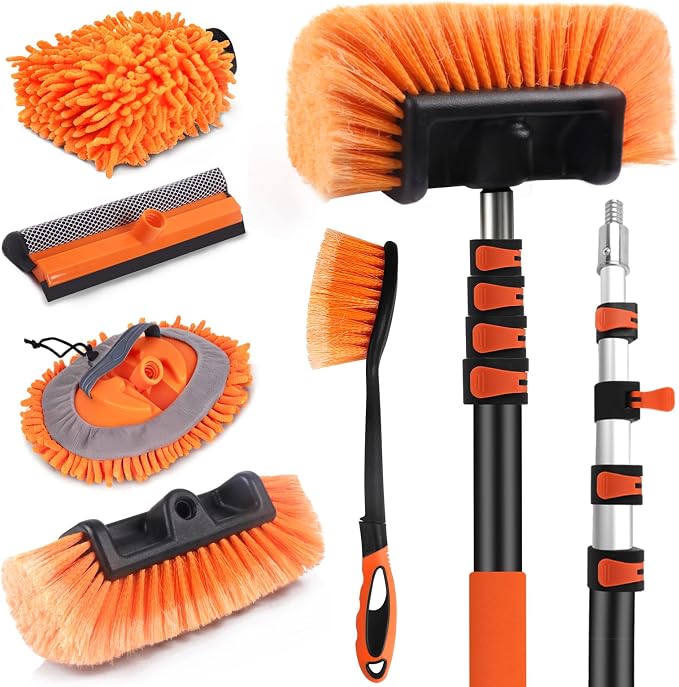 18 FT Reach Car Wash Brush with Long Handle, Car Cleaning Kit | with 3-12FT Extension Pole, Soft Bristle Brush, Chenille Cleaning Mop & Mitt, Window Squeegee, Wheel Brush for RV, Truck