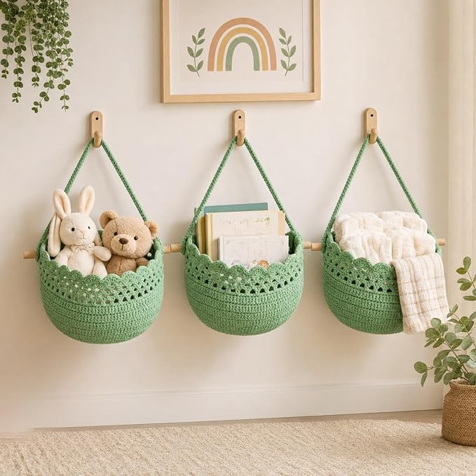 3 Hanging Baskets,Sage Green,Lace,Cotton Rope | Wicker Wall Baskets with Hooks for Fruit Vegetable Onion Storage, Teardrop Organizer for Kitchen, Boho Farmhouse Decor