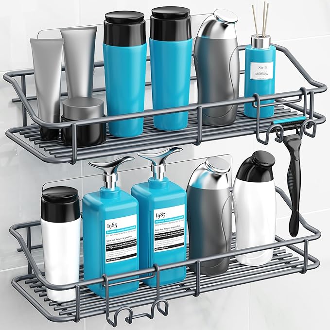 Nieifi Shower Caddy Adhesive, Shower Shelves, Shampoo Holder for Bathroom | Stainless steel, 2 pack, shower rack, shower organization, with hooks, rustproof, no drilling, razor holder, gray