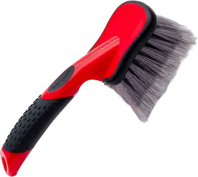 Mothers Car Wash Brush, Wheel and Fender Brush, Short Handle Tire Cleaner for Car Detailing, 10 Inch, Red/Black