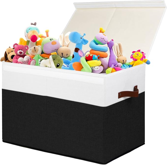 Large Toy Storage Box with Lid, Toy Chest Bin Boxes Basket with Dividers | Sturdy Toy Organizer Bin for Kids, Boys, Girls, Nursery, Living Room, Bedroom, Playroom 25"x13" x16" (Black and White)