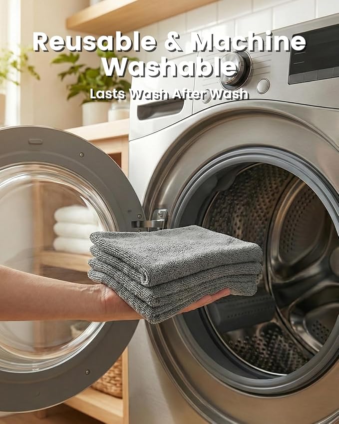 POPCHOSE Microfiber Cleaning Cloth, 12 Pack Super Absorbent Towels for Cars | Lint Free, Streak Free, Soft Towels for Car Detailing, Household, Kitchen, Bath Room, Glass & Tools, Grey