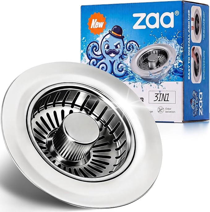 zaa Kitchen Sink Drain Strainer - Kitchen Sink Stopper, 304 Stainless Steel Sink Drain Stopper, Sink Protector for Kitchen with Anti-Clog Filter, Fit US Standard 3-1/2'' Sink Drain Hole, Gray | Kitchen Sink Accessories 1 Pack Brushed Grey Stainless - F...