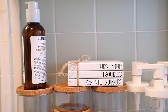 Mini Farmhouse Bathroom Decor - Funny Rustic Wooden Decorative Books Stack for Restroom Shelf Decor - Turn Your Troubles into Bubbles Sign