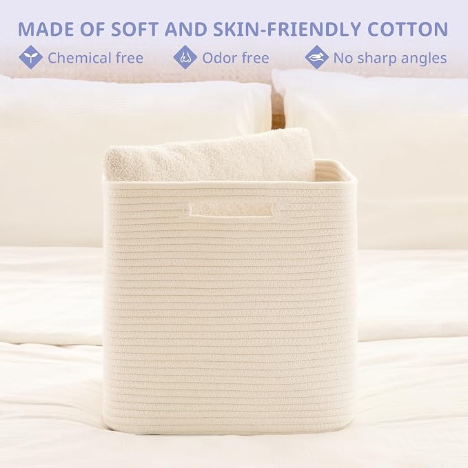 OIAHOMY 3 PACK Cube Storage Bin 13 Inch Collapsible Storage Cube White | Cube Storage Organizer Storage Bins for Shelves Baskets for Organizing Woven Rope Storage Baskets