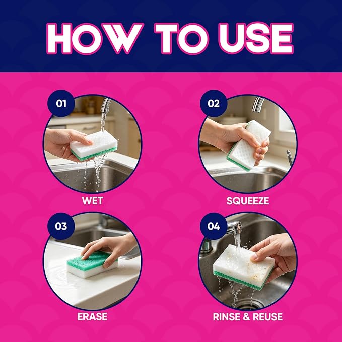 LAUNDRYLUX Magic Sponge Erasers, 8 Pack Dual-Sided Shower & Tub Cleaner | with Temperature-Responsive Scrubber, Melamine Sponges for Bathroom and Shoe Cleaning