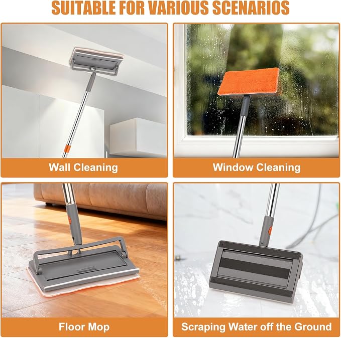 CALBEAU Baseboard Cleaner Tool with Handle, Ceiling Fan Cleaner Duster | 84'' Pole; 2 Chenille + 3 Microfiber Reusable Pads; Squeegee for Streak-free; for Ceiling Fan, Baseboard, Wall, Window, Floor