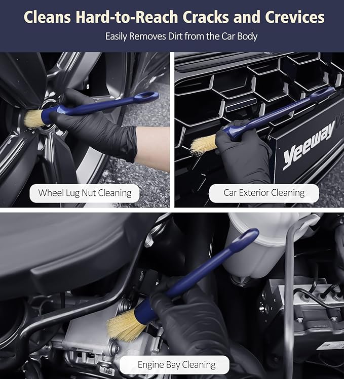YeewayVeh 3PCS Car Detailing Brush Set, Boars Hair Bristles Brushes, Indigo | 3 Sizes Detail Brushes for Dashboard, Air Vents, Leather Seat & Dusting, Interior/Exterior Car Detailing