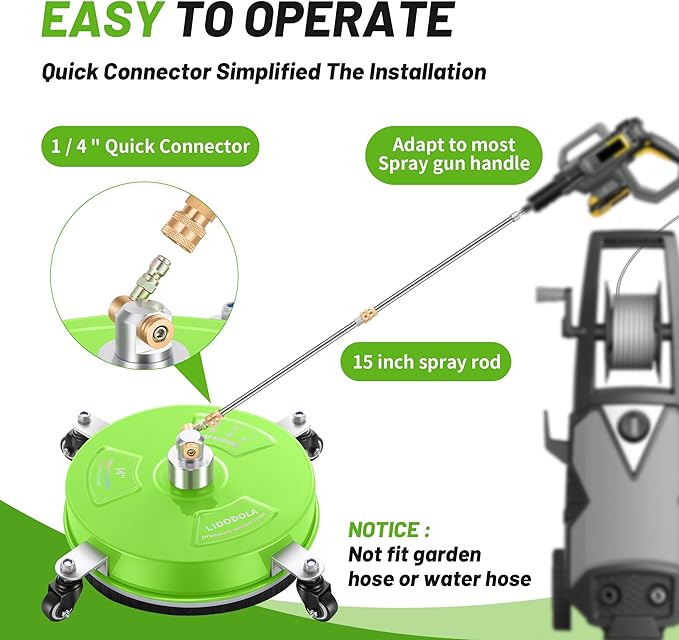 LidoDola 14'' Pressure Washer Surface Cleaner Green, Power Washer Accessory | Stainless Steel Housing with 4 Wheels, 1/4" QC, 2 Extension Wands & 2 Replacement Nozzles, for Gas & Electric Pressure Washer
