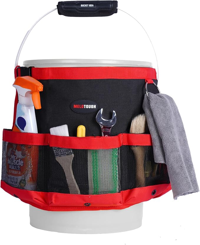 MELOTOUGH Bucket Car Wash Tool Organizer for Garden | Multiple Compartments, Fit 3.5-5 Gal Buckets, Classic Red, Durable Mesh Pockets, Water-Resistant, Easy To Carry