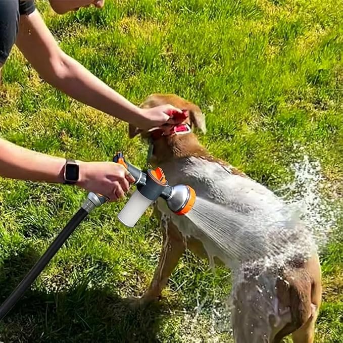8-in-1 Dog Washing Hose Attachment with Soap Dispenser for Pets | 3.5oz Integrated Foam Water Design, Multi-scene Household Indoor& Outdoor Tool, Labor-saving Ergonomic Handheld Grip