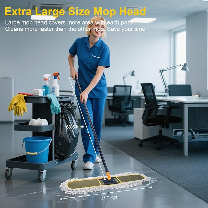 24" Commercial Dust Mop with 2 Replacement Mop Pads, 60.5 Inch | Heavy Duty Large Dust Mop for Hardwood Floors, Industrial Wet Dry Floor Duster for Office Garage Warehouse Factory Mall