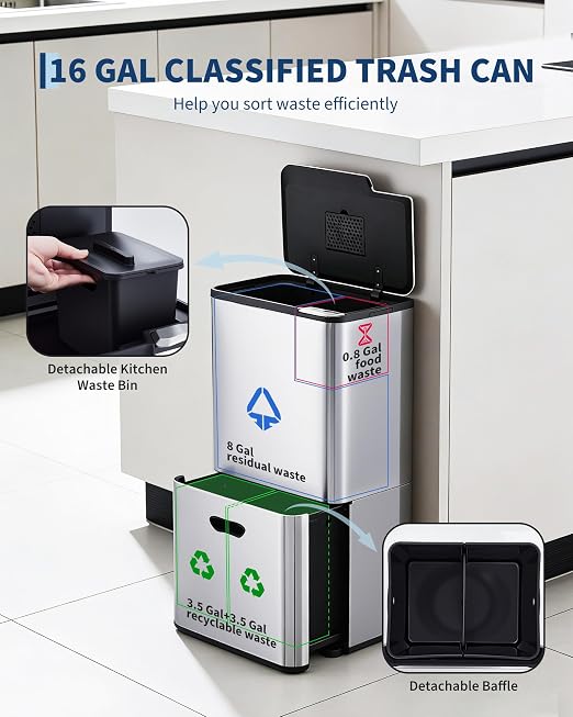 Garvee Dual Trash Can for Kitchen, 2 Compartment (33L + 28L) Garbage Can | Stainless Steel Trash and Recycle Bin Combo, with Compost Bin, Removable Inner Bucket, Odor Control, Silver