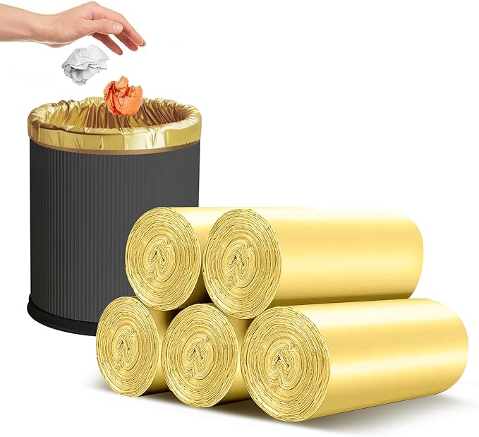 4-6 Gallon Heavy Duty Small Trash Bags, 100 Count (5 Rolls) - Gold | Leak-proof & sealed unscented liners. Fits 4-6 gallon trash cans in bathroom, kitchen, office, bedroom, boat, and cars.
