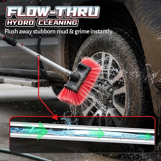 65" Flow-Thru Car Brush, Red | Hose attachment links to water. Soft bristles clean truck & RV roofs. 4-pc extendable aluminum pole & storage bag included.