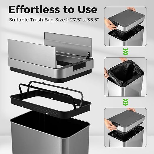 S AFSTAR Motion Sensor Trash Can, 13.2 Gal Slim Kitchen Trash Can with Wing Lids, Infrared Automatic Touchless Waste Bin Stainless Steel Trash Bin for Narrow Space Bathroom Bedroom