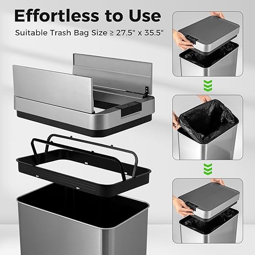 Trash Can, 13.2 Gallon Motion Sensor Garbage Bin with Wing Lids, Anti-Fingerprint Touchless Waste Bin with Soft-Closing & Stay Open, Stainless Steel Garbage Can for Narrow Spaces