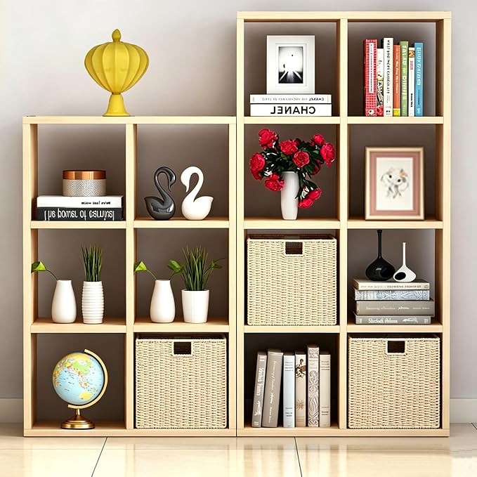 Vagusicc Wicker Storage Basket, Set of 2 Hand-Woven Storage Baskets for Shelves with Handles, Foldable Cube Storage Baskets Bins Organizer, 9 inch Wicker Baskets for Pantry Bedroom Decor, Beige
