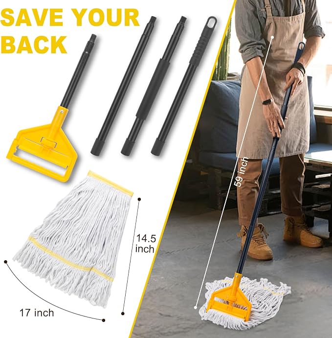 KeFanta 2 Pack Commercial Mop Heavy Duty Industrial Mops,60" Long Handle | Looped-End String Cotton Wet Mop Head Replacement, for House,Kitchen,Laminate,Tile,Vinyl,Hardwood Floor Cleaning