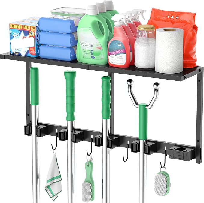 CCCEI Broom and Mop Wall Mount with Shelf, Laundry Room Cleaning Tools Organization Hanging Rack with Hooks, Bathroom, Garage, Garden Organizers and Storage. All Metal, Black, 1 Pack.