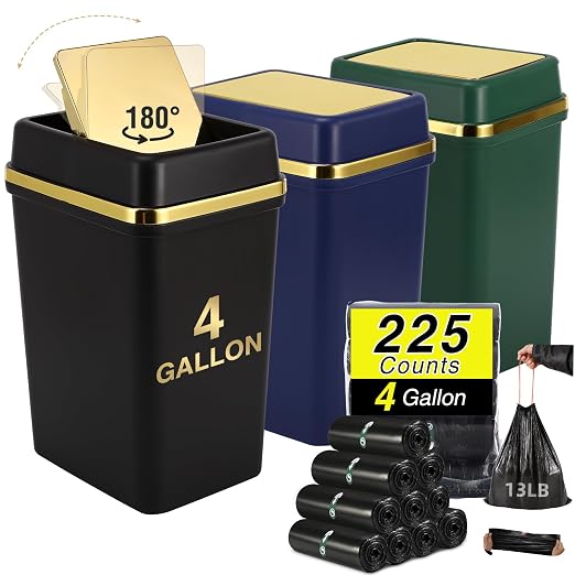 3 Pack Bathroom Trash Can with Lid 4 Gallon Small Trash Can with Swing Lid Bathroom Garbage Can with 225 Counts Trash Bags for Kitchen Bedroom Office(Black Navy Blue Dark Green)