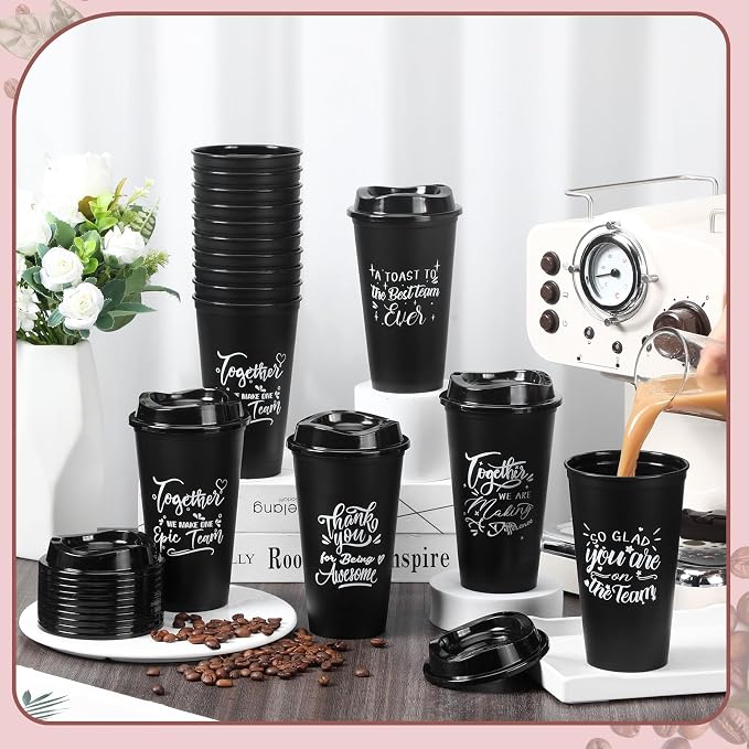 Pickmesh 15 Pcs Housekeeping Employee Appreciation Gifts Cups,Black | 16 oz Plastic Tumblers with Lids, Reusable Coffee Cups, Thank You Gifts, for Staff Volunteer Coworker Teacher
