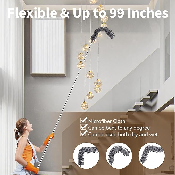 HAMEINY Microfiber Feather Duster for Cleaning 5-in-1 Kit 100" Extendable | Furniture Dusters with Extension Pole 100 Inches High Ceiling Fan Dusters Cobweb Duster for Car Wall Blinds Cleaning Dusting
