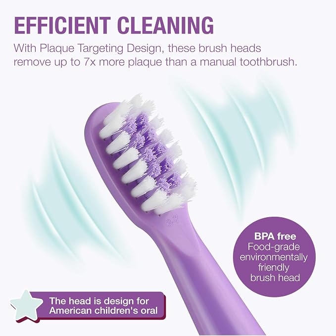 Vekkia Princess Electric Toothbrush Replacement Heads Purple (4 Pack) | 7X More Plaque Removal/End-Rounded 3D Curved Soft Bristles/Comfortable & Efficient Clean Teeth/Perfect for Kid Small Mouth,