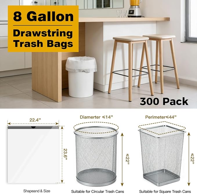 8 Gallon Trash Bags with Drawstring, 300 Count | Super Value Medium Garbage Can Liners, Leak-Proof Bathroom Trash Bags for Waste Baskets, Office & Bedroom, 30 Liter