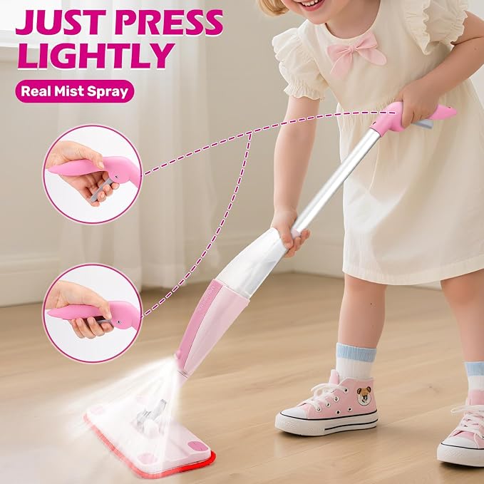 Dreamon Kids Spray Mop - Real Working Toddler Cleaning Set for for Ages 3-7 | Pink Fun & Functional Kids Mop Cleaning Set, Real Working Mini Mop with Spray Bottle, Cleaning Toys Gifts for Kids Girls Boys