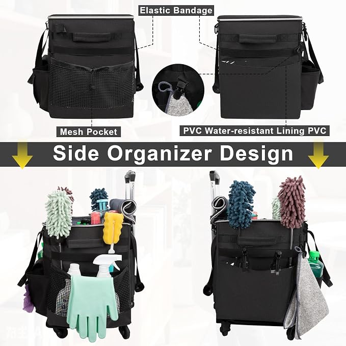 Large Rolling Cleaning Caddy with Wheels, Cleaning Supplies Organizer | With Detachable Trolley, Water-resistant Cleaner Cart for Housekeepers, Multi Pocket Cleaning Cart with Strap, Black