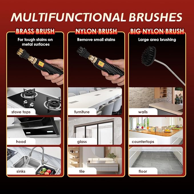 2500W Handheld Steam Cleaner, Pressurized Steam Cleaning Machine with 3 Brush Heads, 20s Heat Up, 1L Tank, Multipurpose Mini Portable Steamer for Tile, Grout, Furniture, Kitchen, Car, Home