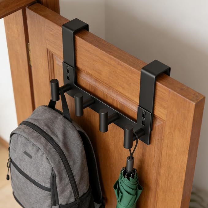 PMMASTO Door Hanger for 1-3/4 Inch Doors, Black- 4 Hooks, T Shape | Stainless Steel Door Hooks Organize Coats Towels Robes in Bathrooms Bedrooms Closets