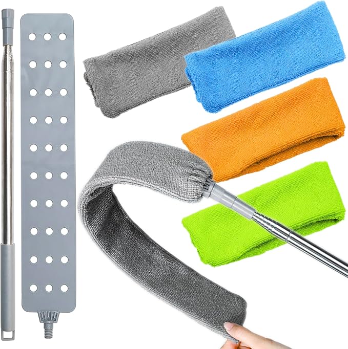 Retractable Gap Dust Cleaner Brush with 4 pcs Replacement Duster Cloth, 100 inches Extendable Pole, Flexible Microfiber Duster for Cleaning Under Refrigerator, Sofa,Couch Bed, Furniture