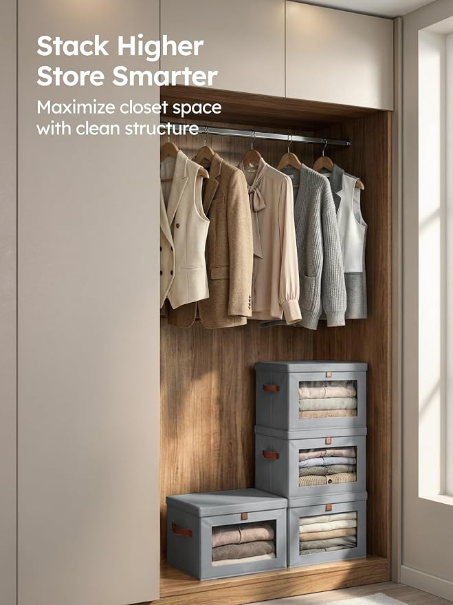 Homsorout Medium Fabric Storage bins - Collapsible Storage Bins with Open Window, 5 Pack Closet Baskets for Shelves, Stackable Decorative Boxes for Home, Dorm, Grey, 13.7"x 9.8" x 9.8"