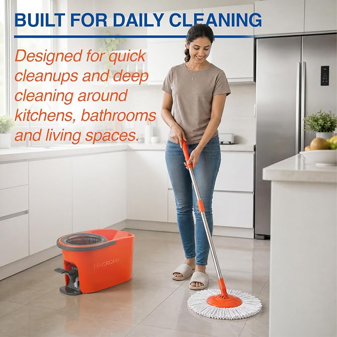 Macromax Force Spin Mop and Bucket Set – Pedal-Activated Wringer System – 360° Microfiber Mop for Floor Cleaning – Ergonomic Handle – Wet or Dry Use – Hardwood, Tile & Laminate
