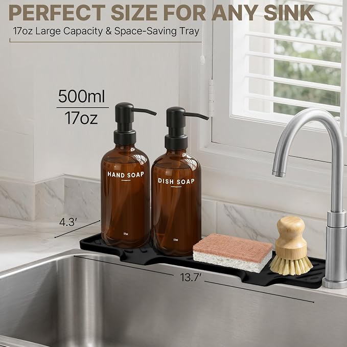 Kitchen Soap Dispenser Set with Self Draining Silicone Tray, Brush, Sponge | Hand and Dish Soap Dispenser Set, 2 x 17oz Amber Glass Soap Dispensers, Stainless Steel Pumps, Kitchen Sink Organizer