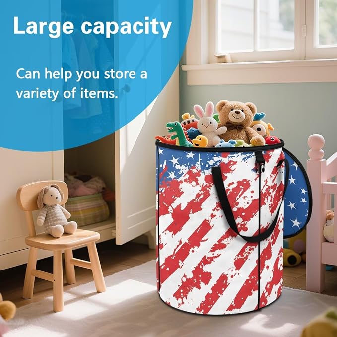 American Flag 24 Gal Collapsible Trash Can Waterproof Pop-Up Pop up Trash Can for Camping Backyard & Car Travel Easy to Clean Outdoor Garbage Bin Reusable Camping Essentials