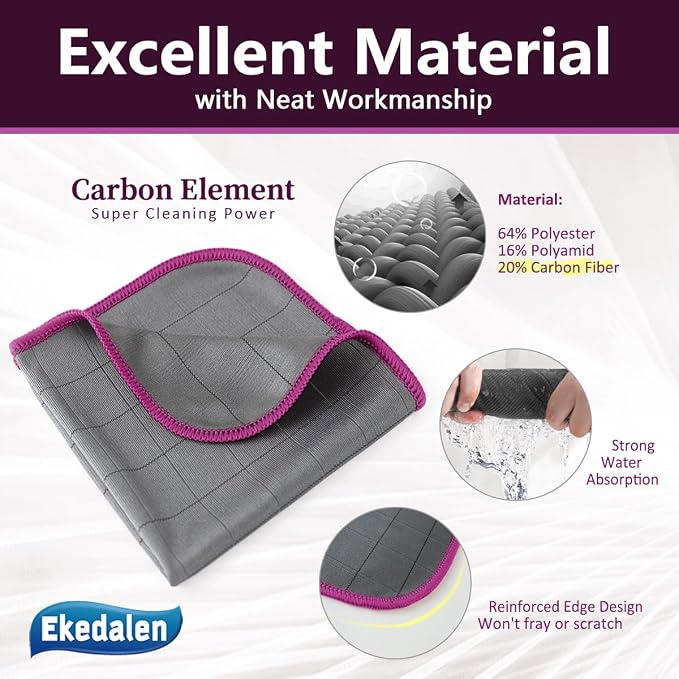 Microfiber Cleaning Cloth Lint Free Glass Polish, Purple-Dark Grey | 400GSM Carbon Fiber Cloth for Glass Window Mirror Kitchen, Streak Free, Auto Detailing Easy Clean, 16 x12 in, 6 Pcak