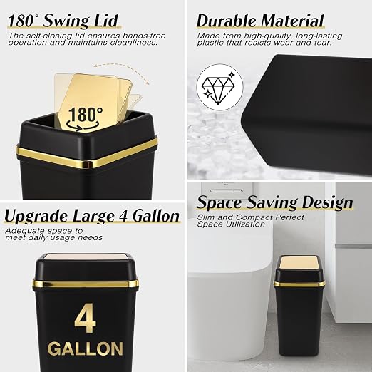 Bathroom Trash Can with Lid 4 Gallon Trash Can with Swing Lid Small Garbage Can Black Bathroom Trash Can with 150 Counts Trash Bags for Kitchen Bedroom Office Dorm