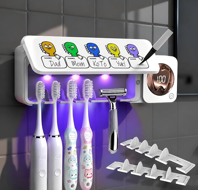Toothbrush Holders Wall Mounted Name Labels No Drill for Family & Bathrooms | 5 name slots wall mount toothbrush holders, strong adhesive, fits electric/manual, 30-day bat, stops when open, HD display