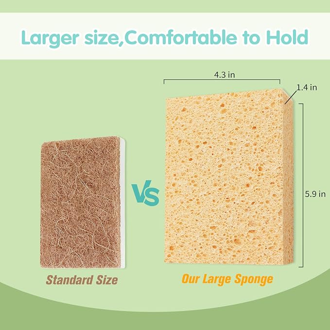 Extra Large Cellulose Kitchen sponges, 5.9" x 4.3" x 1.4", 2-Pack | Natural Cellulose Sponges for Cleaning & Household, Non-Scratch, Reusable and Biodegradable