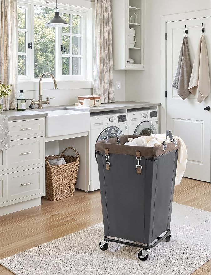 StorageWorks 160L Laundry Basket with Wheels, Rolling Hampers for Clothing | Grey Laundry Basket with Wheels, Metal Frame & Handles, Rolling Hamper for Bedroom, Bathroom, Dorm, Hotel