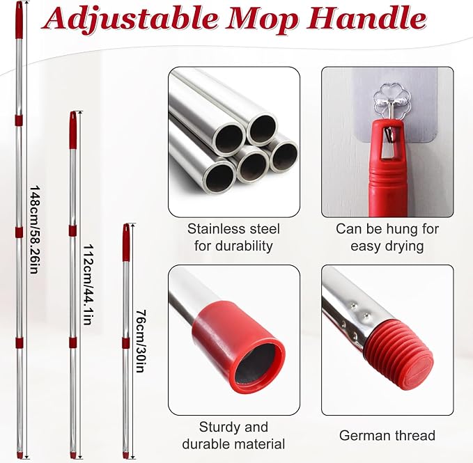 Mop Replacement for O-Cedar RinseClean 2-Tank, Mop Handle for Ocedar Mop | Includes 2 Mop Heads Replacements 4-Section Mop Handle 1 Mop Base 1 Scrubber Mop Head, Reusable and Washable,Wet/Dry Use
