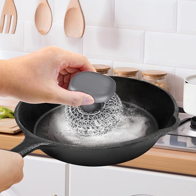Cast Iron Scrubber Dish Scrub Brush 316 Chainmail Scrubber for Cast Iron | Dish Scouring Pad, Dishwasher Safe, Chain Mail Scrubber Cast Iron, Cleaning Kit, for Pan Skillet, Grey