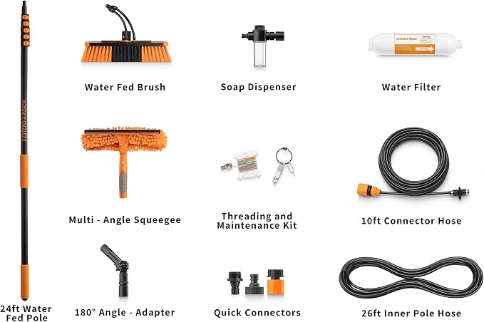 5-24 ft Telescopic Water Fed Pole Window Cleaning System (30ft High Reach) | Solar Panel Cleaning Equipment with Water Fed Brush, Upper Rinse Bar, 10" Squeegee, Water Filter, Soap Dispenser & Water Hose